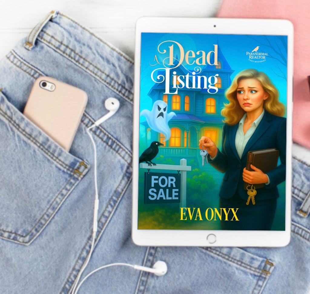 Tablet displaying the audiobook cover of 'A Dead Listing' by Eva Onyx on a denim surface with a phone and earbuds.